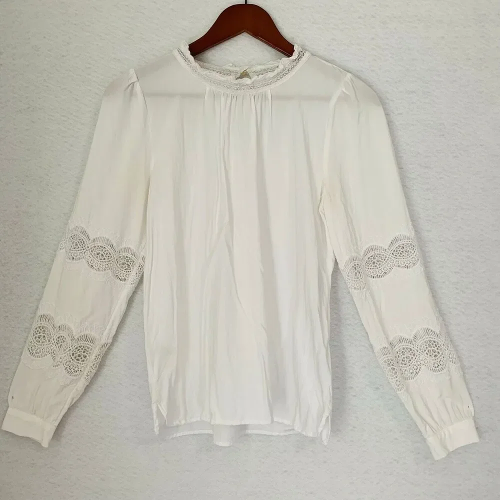 Loft Blouse Women XS White Lace Embroidery Vintage Look Cutout Classic Academia